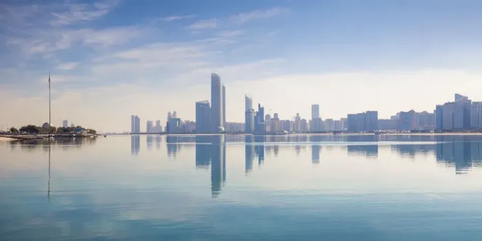 Framed Print : United Arab Emirates, Abu Dhabi, View of City skyline reflecting in Persian Gulf Framed Print : United Arab Emirates, Abu Dhabi, View of City skyline reflecting in Persian Gulf