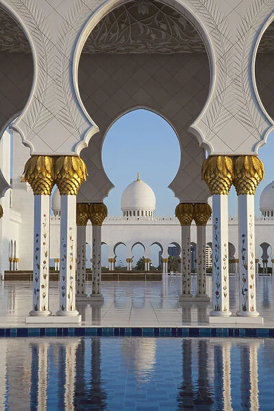 United Arab Emirates, Abu Dhabi, Sheikh Zayed Grand Mosque, Gilded columns and reflecting