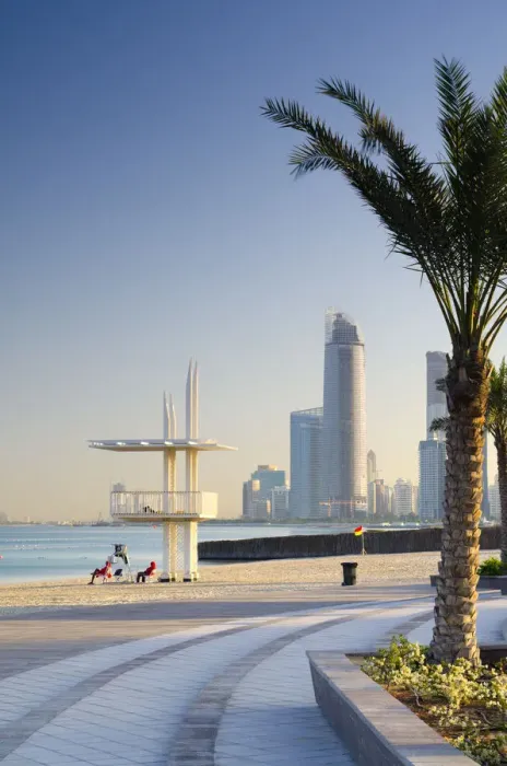 Framed Print : United Arab Emirates, Abu Dhabi, Corniche, Lifeguards and Skyline Framed Print : United Arab Emirates, Abu Dhabi, Corniche, Lifeguards and Skyline