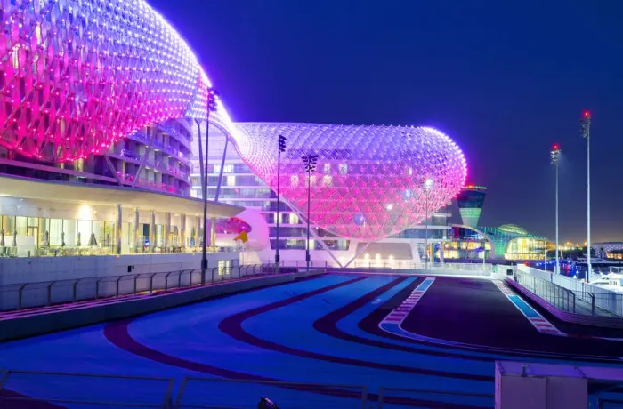 Framed Print : United Arab Emirates, Abu Dhabi, Yas Island, The Yas Hotel and Yas Marina Grand Prix