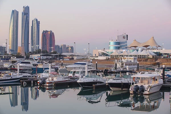 United Arab Emirates, Abu Dhabi, View of Marina and City skyline looking towards Etihad