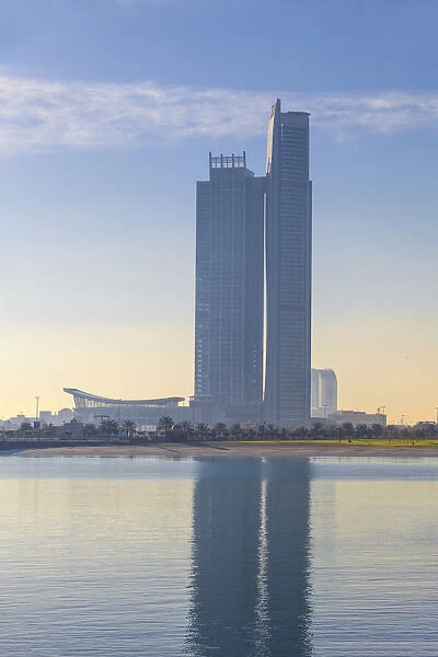 United Arab Emirates, Abu Dhabi, St Regis Hotel reflecting in the Persian Gulf