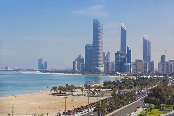United Arab Emirates, Abu Dhabi, View of Corniche and city center skyline