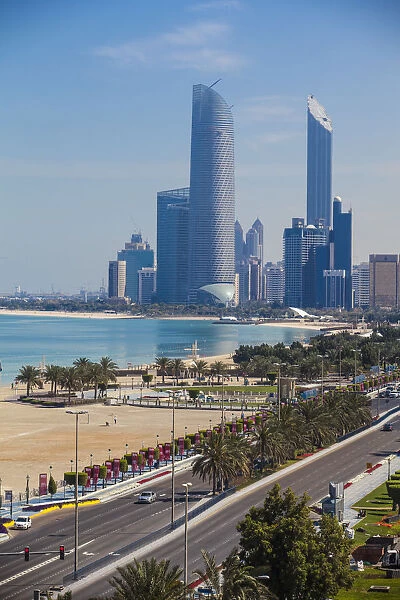 United Arab Emirates, Abu Dhabi, View of Corniche and city center skyline