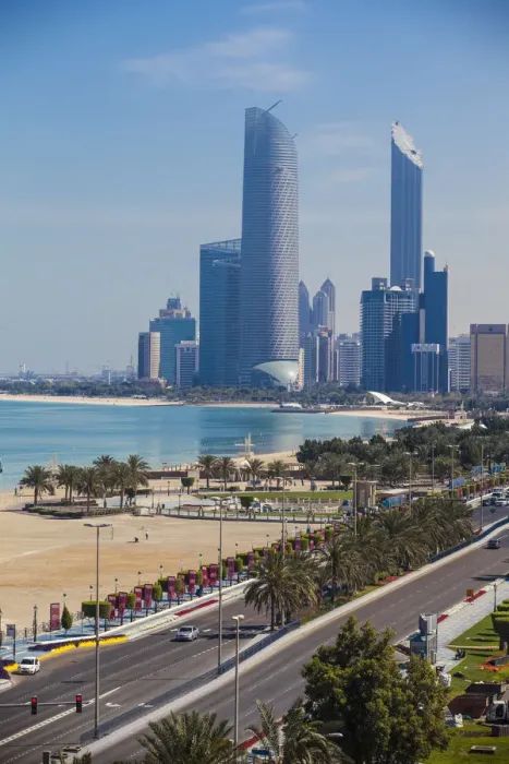 Framed Print : United Arab Emirates, Abu Dhabi, View of Corniche and city center skyline Framed Print : United Arab Emirates, Abu Dhabi, View of Corniche and city center skyline
