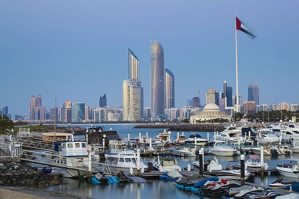 United Arab Emirates, Abu Dhabi, View of Marina and City skyline looking towards Abu