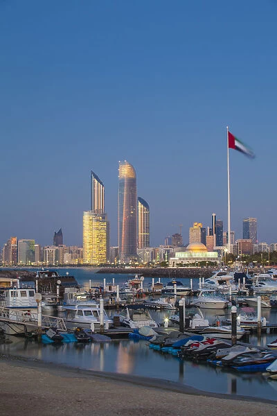 United Arab Emirates, Abu Dhabi, View of Marina and City skyline looking towards Abu