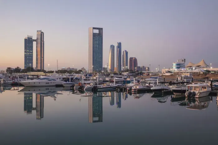 Framed Print : United Arab Emirates, Abu Dhabi, View of Marina and City skyline looking towards St Framed Print : United Arab Emirates, Abu Dhabi, View of Marina and City skyline looking towards St