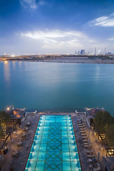United Arab Emirates, Abu Dhabi, Khor Al Maqta, View of Canal and swimming pool at