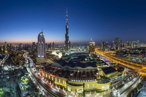 United Arab Emirates, Dubai, the Burj Khalifa, elevated view looking over the Dubai Mall