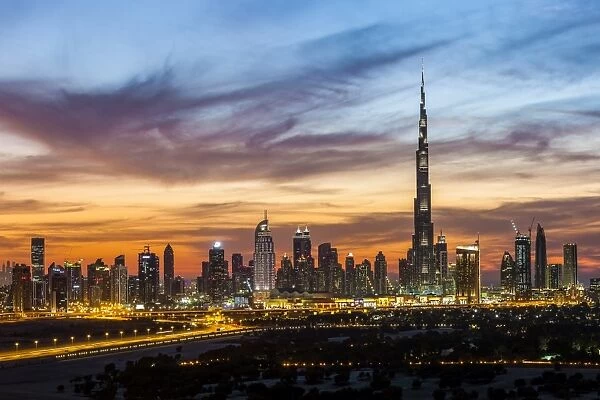United Arab Emirates, Dubai, elevated view of the new Dubai skyline, the Burj Khalifa