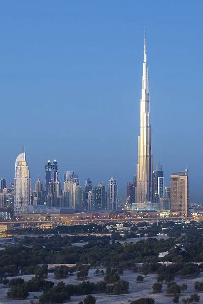 United Arab Emirates, Dubai, elevated view of the new Dubai skyline, the Burj Khalifa