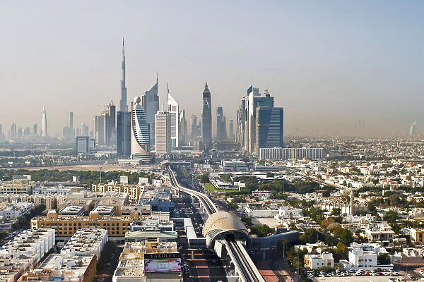 United Arab Emirates, Dubai, elevated view towards Sheikh Zayed Road and the modern