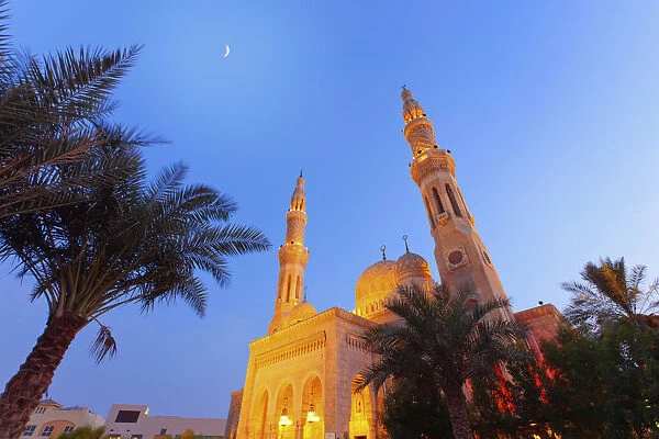 United Arab Emirates, Dubai, Jumeirah Mosque illuminated at night evening