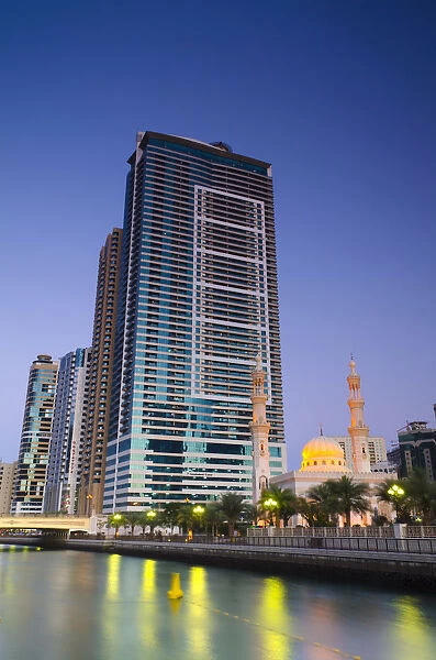 United Arab Emirates, Sharjah, Al Qasba Mosque beside Al Qasba Canal