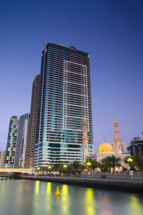 Framed Print : United Arab Emirates, Sharjah, Al Qasba Mosque beside Al Qasba Canal Framed Print : United Arab Emirates, Sharjah, Al Qasba Mosque beside Al Qasba Canal
