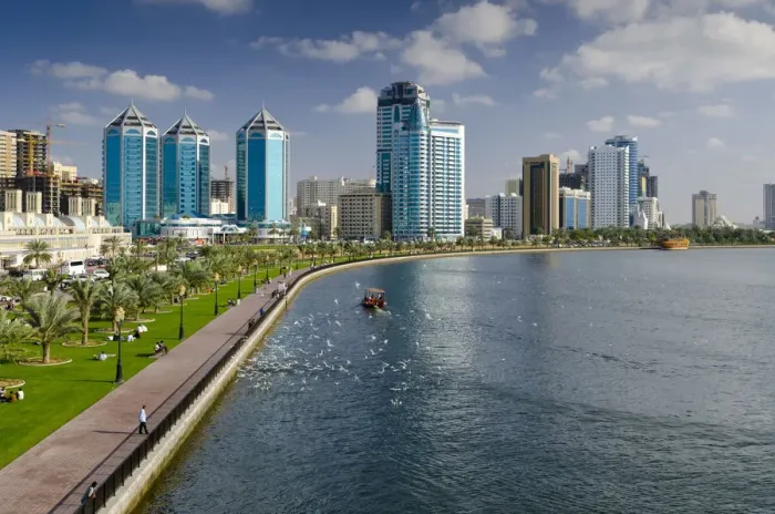 Framed Print : United Arab Emirates, Sharjah, Modern Skyline beside Khalid Lagoon Framed Print : United Arab Emirates, Sharjah, Modern Skyline beside Khalid Lagoon