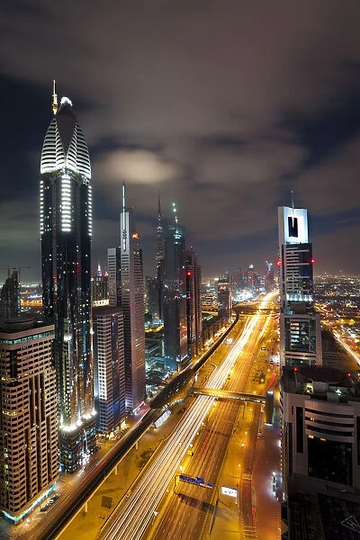 United Arab Emirates (UAE), Dubai, Sheikh Zayed Road looking towards the Burj Kalifa