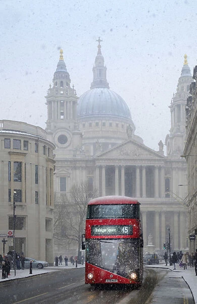 United Kingdom, England, London, view of a red London bus in front of St Paulas cathedral