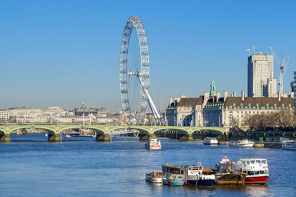 United Kingdom, England, London. London Eye observation wheel on the River Thames