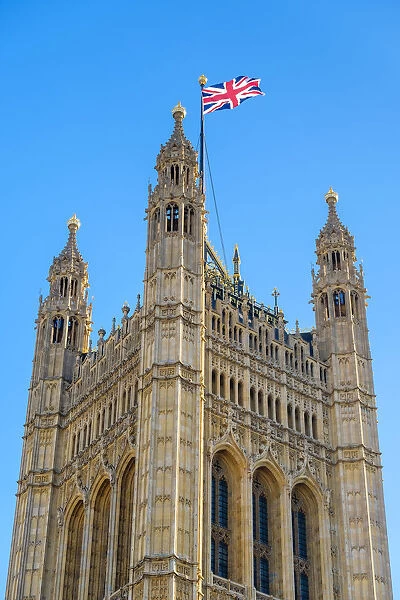 United Kingdom, England, London. Union Jack flag flown above Victoria Tower, Palace