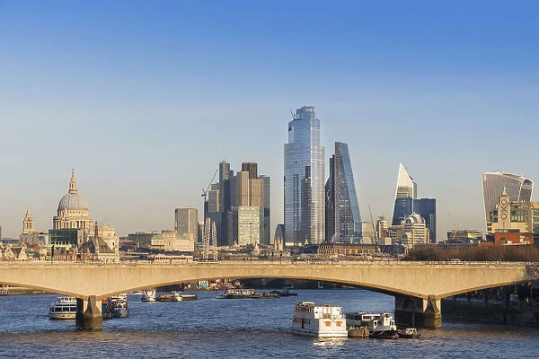 United Kingdom, England, London, Waterloo bridge and the skyline of the City of London