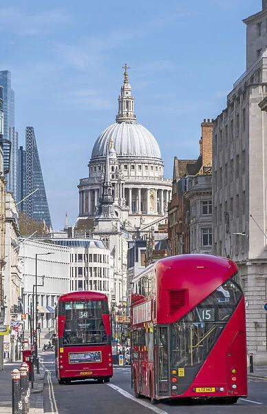 United Kingdom, England, London, City of London. Red London double-decker buses on Fleet