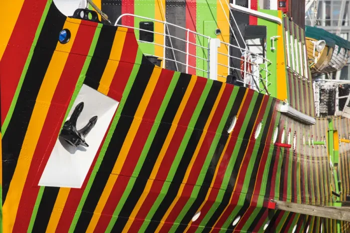 Framed Print : United Kingdom, England, Merseyside, Liverpool, Albert Dock, The Edmund Gardner Dazzle Ship by artist Carlos Cruz-Diez, situated in a dry dock Framed Print : United Kingdom, England, Merseyside, Liverpool, Albert Dock, The Edmund Gardner Dazzle Ship by artist Carlos Cruz-Diez, situated in a dry dock