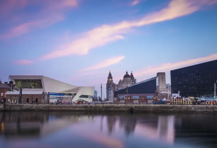 Framed Print : United Kingdom, England, Merseyside, Liverpool, View of Pier Head buildings reflecting Framed Print : United Kingdom, England, Merseyside, Liverpool, View of Pier Head buildings reflecting
