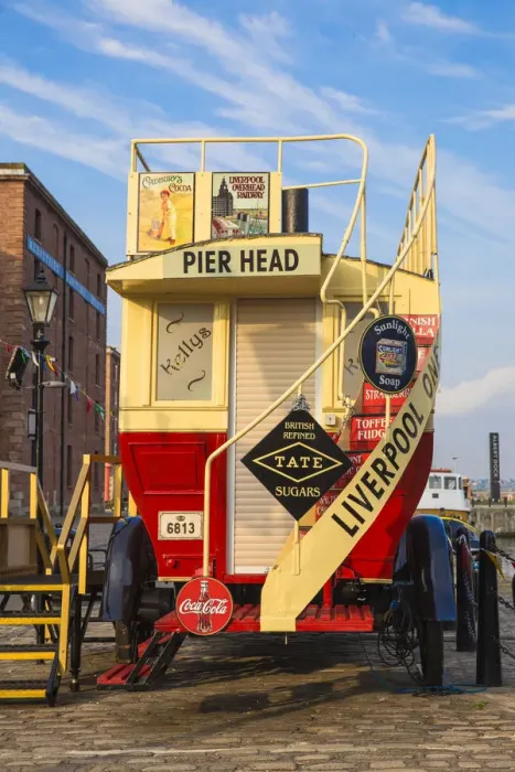 Framed Print : United Kingdom, England, Merseyside, Liverpool, Vintage steam powered bus in Albert Dock Framed Print : United Kingdom, England, Merseyside, Liverpool, Vintage steam powered bus in Albert Dock