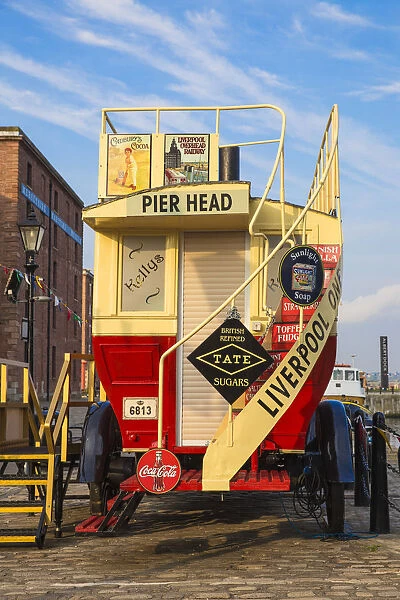 United Kingdom, England, Merseyside, Liverpool, Vintage steam powered bus in Albert Dock