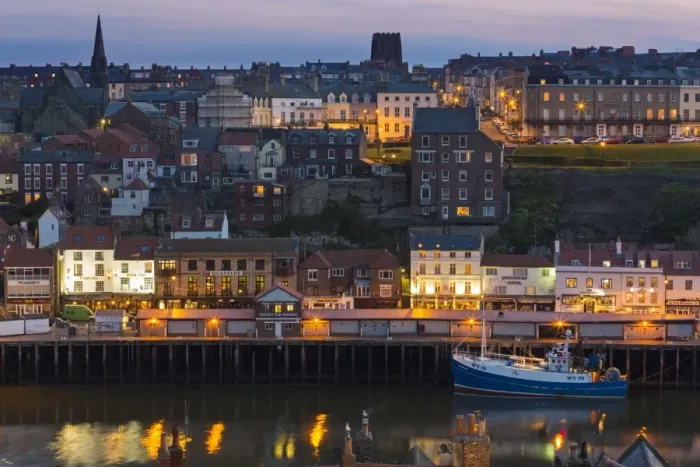 Framed Print : United Kingdom, England, North Yorkshire, Whitby. A view of the harbour at dusk Framed Print : United Kingdom, England, North Yorkshire, Whitby. A view of the harbour at dusk