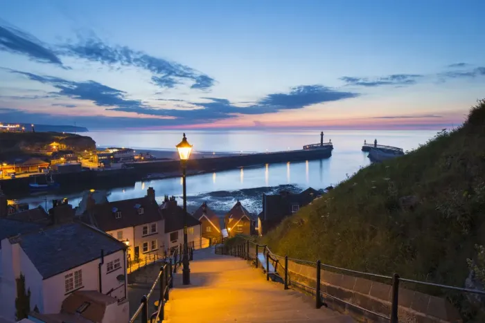 Framed Print : United Kingdom, England, North Yorkshire, Whitby. The harbour at dusk from the 199 Steps Framed Print : United Kingdom, England, North Yorkshire, Whitby. The harbour at dusk from the 199 Steps
