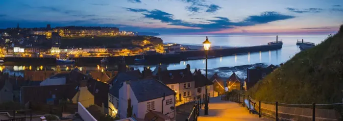 Framed Print : United Kingdom, England, North Yorkshire, Whitby. The harbour at dusk from the 199 Steps Framed Print : United Kingdom, England, North Yorkshire, Whitby. The harbour at dusk from the 199 Steps