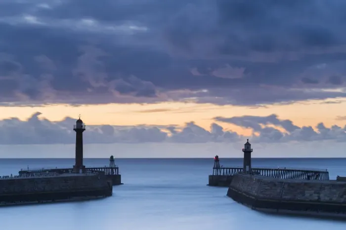 Framed Print : United Kingdom, England, North Yorkshire, Whitby. The Piers at dusk