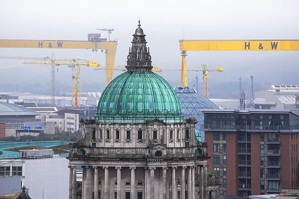United Kingdom, Northern Ireland, Belfast, City Hall with Harland and Wolff cranes