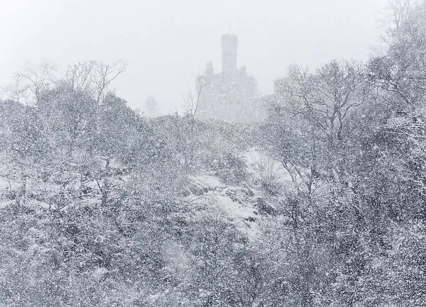 United Kingdom, UK, Scotland, Scottish castle under a strong snow storm