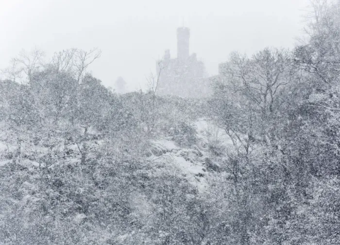 Framed Print : United Kingdom, UK, Scotland, Scottish castle under a strong snow storm Framed Print : United Kingdom, UK, Scotland, Scottish castle under a strong snow storm