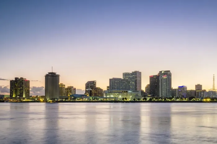 Framed Print : United States, Louisiana, New Orleans. View of downtown New Orleans skyline from across