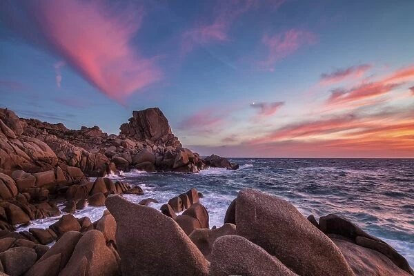 The unusual shapes of the rocks of Capo Testa painted by a wonderful sunset. Sardinia