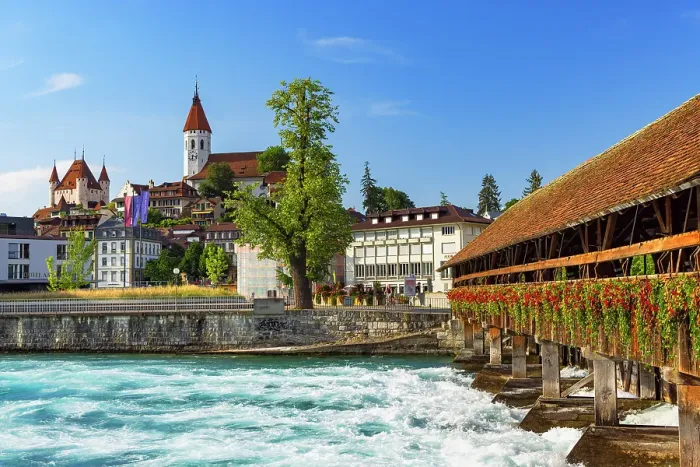 Framed Print : Upper Lock Bridge, Thun Town Church, Thun Castle and Aare River, Thun, Canton of Bern, Switzerland Framed Print : Upper Lock Bridge, Thun Town Church, Thun Castle and Aare River, Thun, Canton of Bern, Switzerland