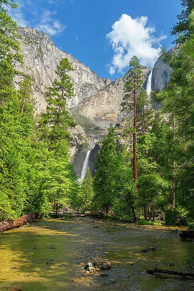 Upper and Lower Yosemite Falls seen from forest, Yosemite National Park, UNESCO, Sierra Nevada, California, USA