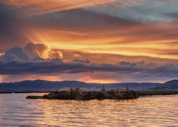 Framed Print : Uros Floating Islands at sunset, Lake Titicaca, Puno Region, Peru Framed Print : Uros Floating Islands at sunset, Lake Titicaca, Puno Region, Peru