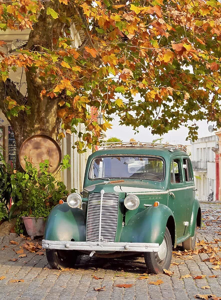Uruguay, Colonia Department, Colonia del Sacramento, Vintage car on the cobblestone