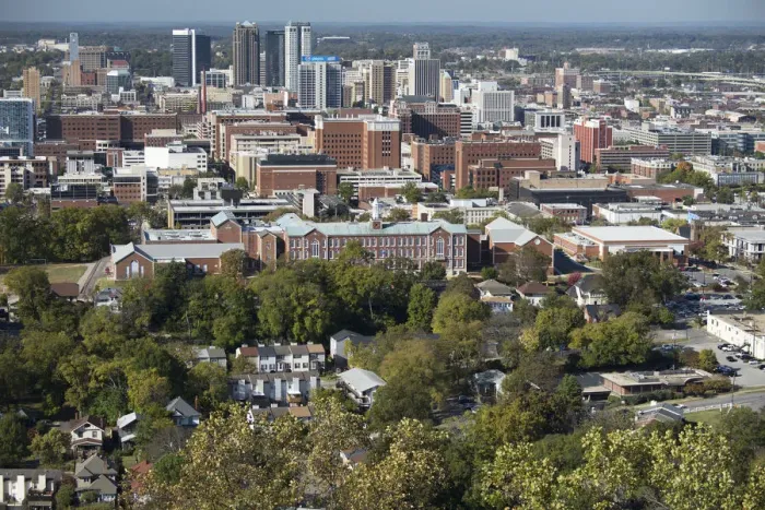 Framed Print : USA, Alabama, Birmingham, Aerial view of city