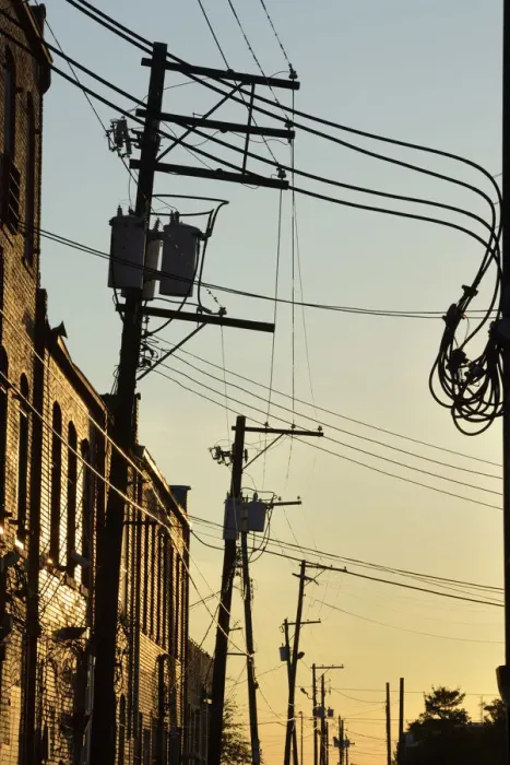 Framed Print : USA, Alabama, Birmingham, power lines in downtown alley Framed Print : USA, Alabama, Birmingham, power lines in downtown alley