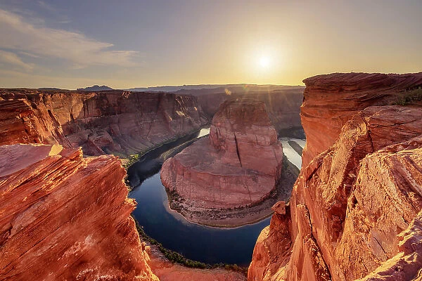 USA, Arizona, Page, elevated view of the Horse Shoe Bend at sunset