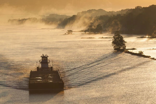 USA, Arkansas, Little Rock, Arkansas River, river barge, autumn fog