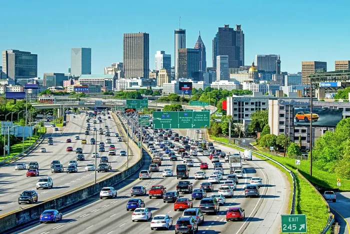 Framed Print : USA, Atlanta, Georgia, Downtown Skyline, Interstate 75, Fulton County Framed Print : USA, Atlanta, Georgia, Downtown Skyline, Interstate 75, Fulton County