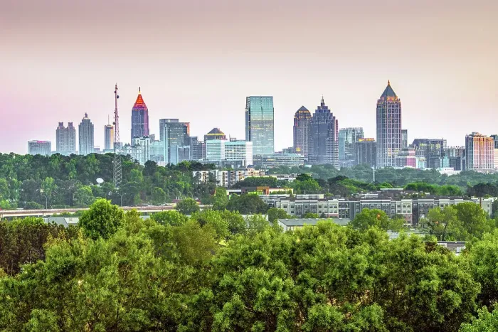 Framed Print : USA, Atlanta, Georgia, Downtown Skyline, Wooded Residential Neighborhood, Fulton County, Dusk Framed Print : USA, Atlanta, Georgia, Downtown Skyline, Wooded Residential Neighborhood, Fulton County, Dusk